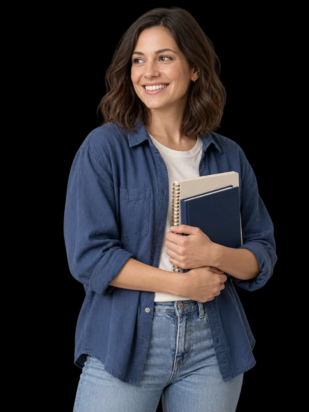 An author smiling while holding her manuscript and a book