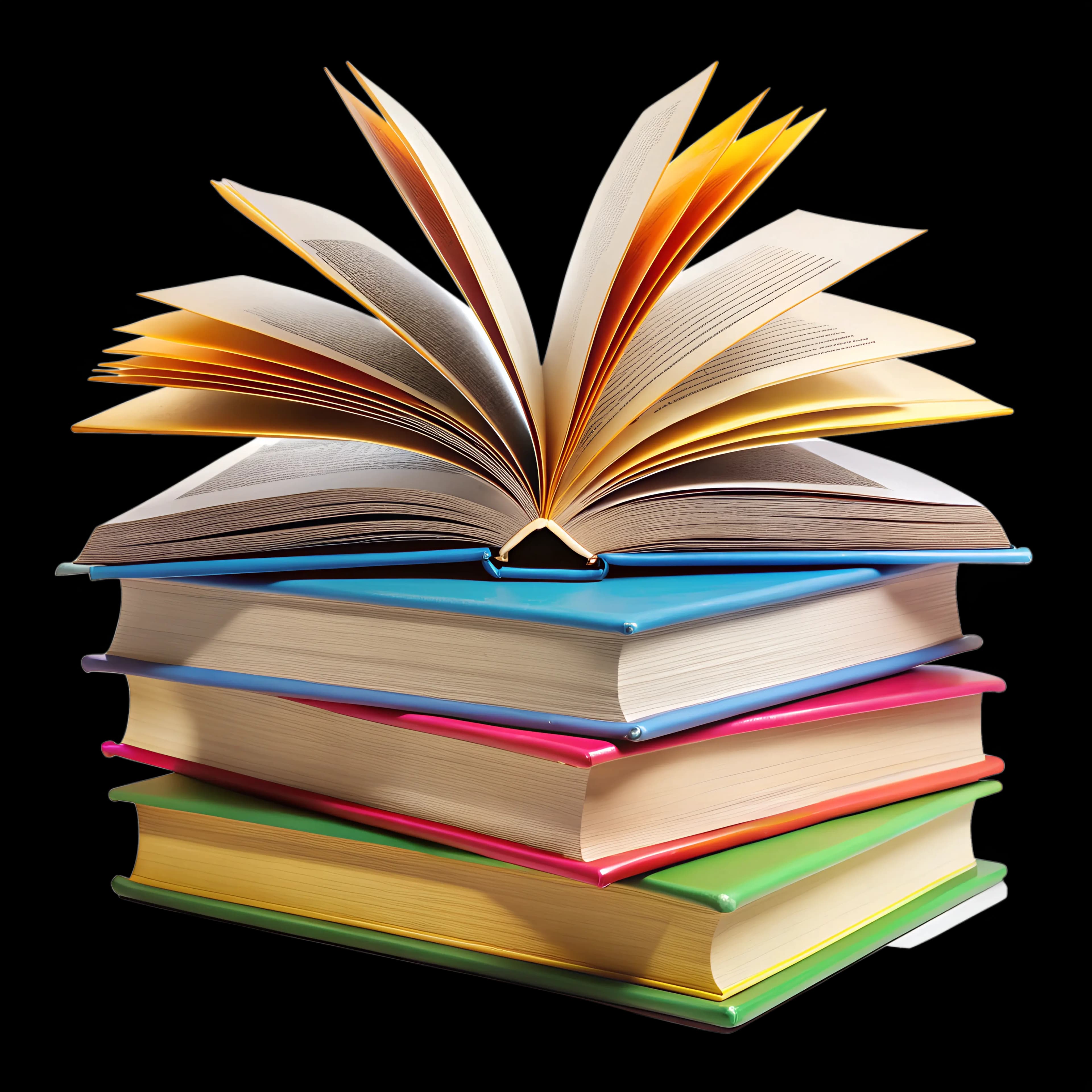 An open book with fanned pages resting on a colourful stack of books